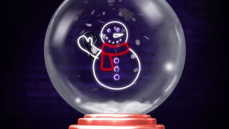 Animation-Einer-Weihnachtlichen-Schneekugel-Mit-Fallendem-Schnee-Und-Schneemann-Auf-Schwarzem-Hintergrund