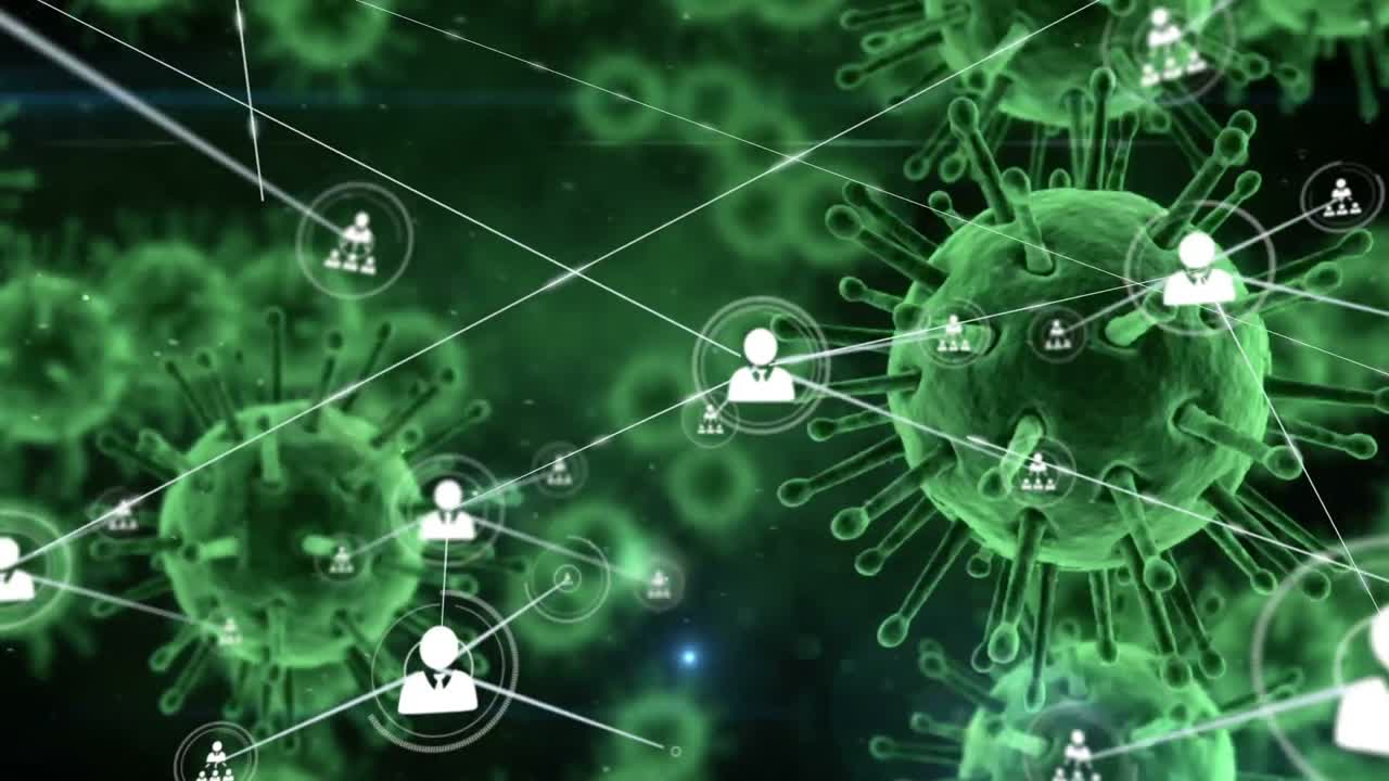animación de una macro células de coronavirus que se extienden a través de la red de conexiones con las personas iconos