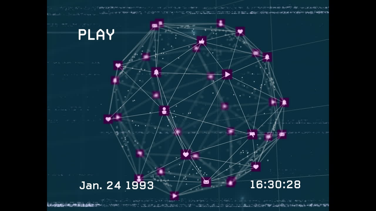 Animation of screen with glitch and rotating network of connections