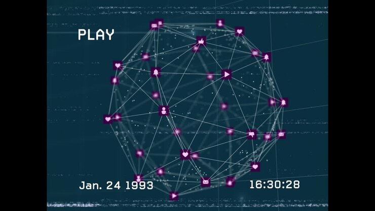 Animation of screen with glitch and rotating network of connections