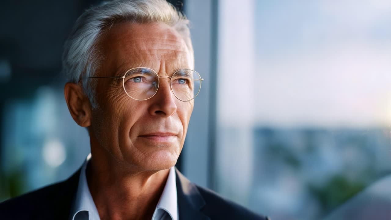 Contemplative elderly man gazing out the window, reflecting on life experiences and wisdom, embodying grace and dignity in a serene environment