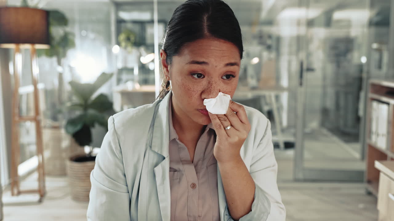 mujer de negocios, enferma y estornudar con pañuelo