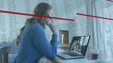 animation of data processing over caucasian woman having a video call on laptop