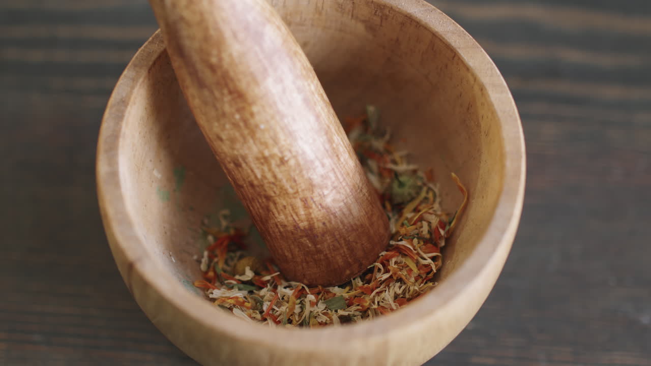 Dried Floral Petals In Mortal With Pestle