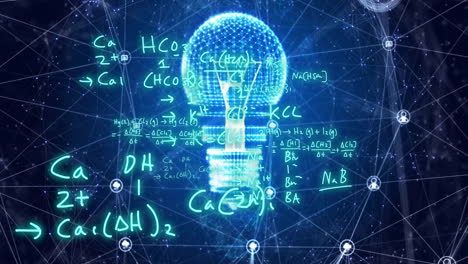 animation of chemical equations over light bulb and networks on dark background