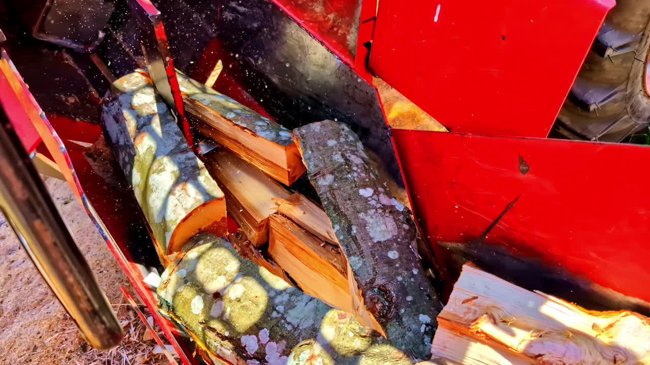 Machine splitting wooden logs into firewood pieces during sunny outdoor workday