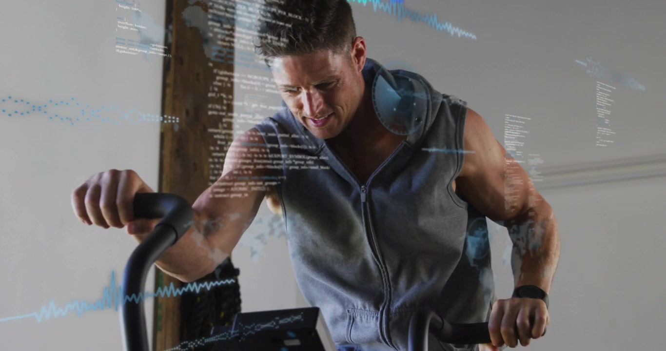 Man gripping bike handles and pedaling for fitness, checking console while HUD waveforms rising