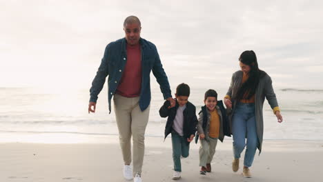 beach, travel and family holding hands