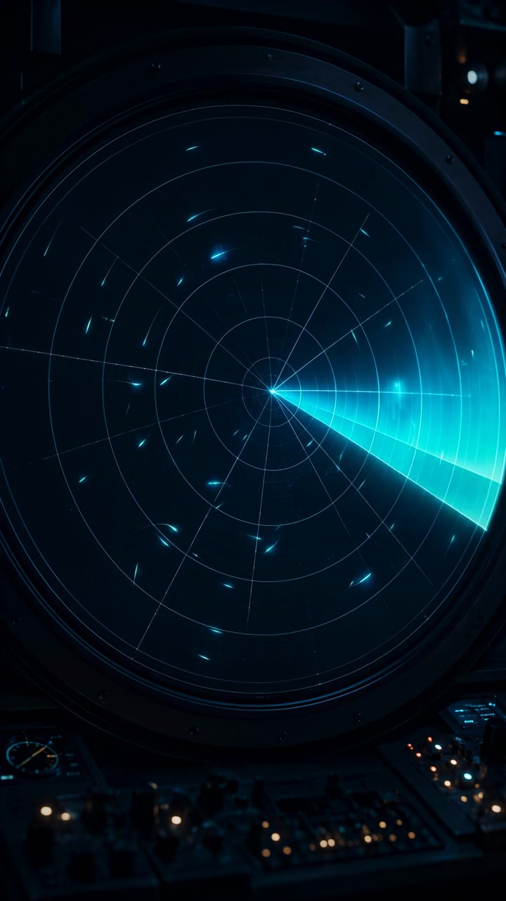 Una spazzata ciano brillante ruota su uno schermo di monitoraggio circolare mentre punti luminosi sparsi diminuiscono tra anelli concentrici, incorniciato da una console scura con piccoli controlli luminosi