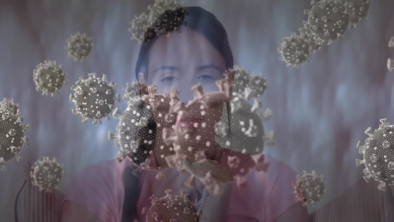 아픈 여성 위에 떠다니는 코로나19 세포의 애니메이션