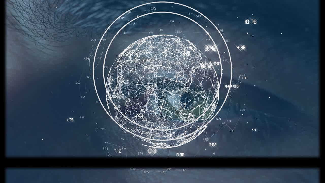 Animation of networks of connections and globe over eye of caucasian man