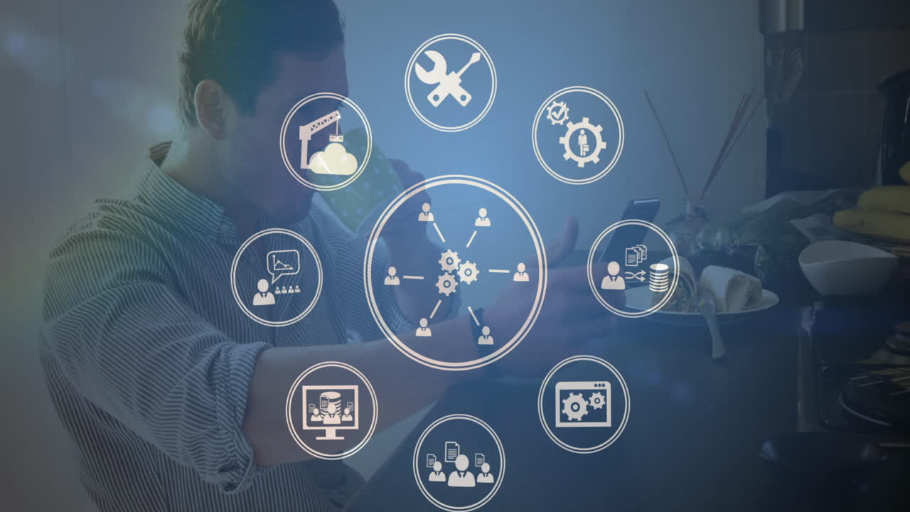 animación de iconos digitales sobre un hombre discapacitado caucásico usando un teléfono inteligente y bebiendo café.