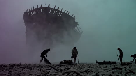 silhouette of workers at a shipwreck in fog