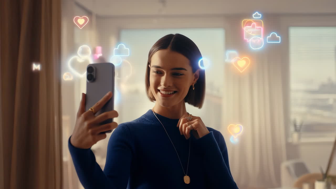Woman taking a selfie with glowing social media icons, representing digital interaction and online connection