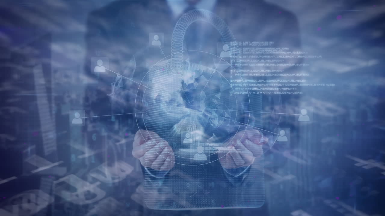 연결의 세계를 보유하는 사업가에 대한 데이터 처리의 애니메이션