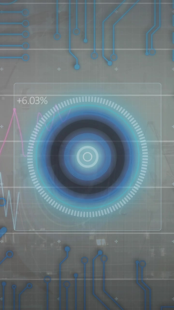 Animazione di scanner circolare e connessioni di microprocessori su sfondo di veduta aerea di paesaggio urbano