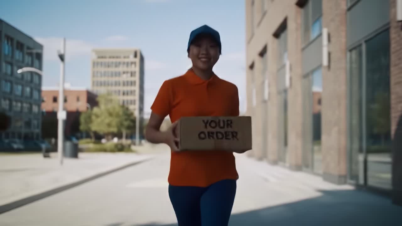 A delivery person in an orange shirt and cap carries a package down a city sidewalk, smiling brightly. The vibrant city backdrop features modern buildings and clear blue skies.