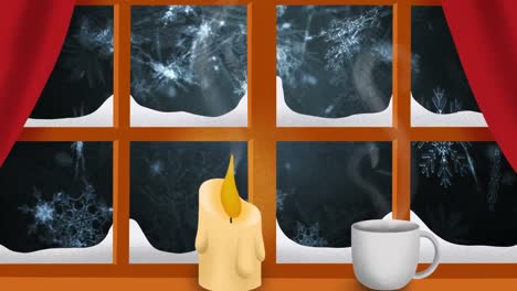 Brennende-Kerze-Und-Kaffeetasse-Auf-Fensterrahmen-über-Schneeflocken,-Die-Vor-Grauem-Hintergrund-Fallen