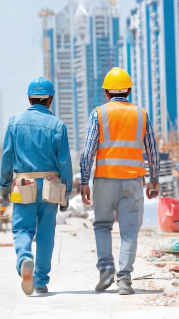 Two Construction Workers Walking on a Job Site, Engaged in Conversation Amidst Modern High-Rise Buildings Under Construction, Capturing the Spirit of Teamwork