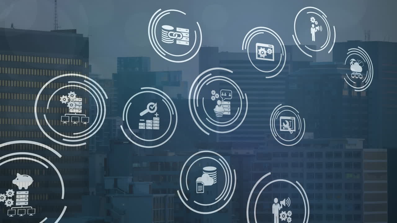 Animation of spots of light and digital icons against aerial view of cityscape