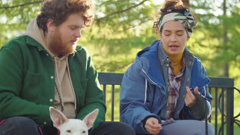 friends with their dog having a conversation on a park bench
