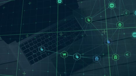 animation of network of connections with icons globe over laptop and grid