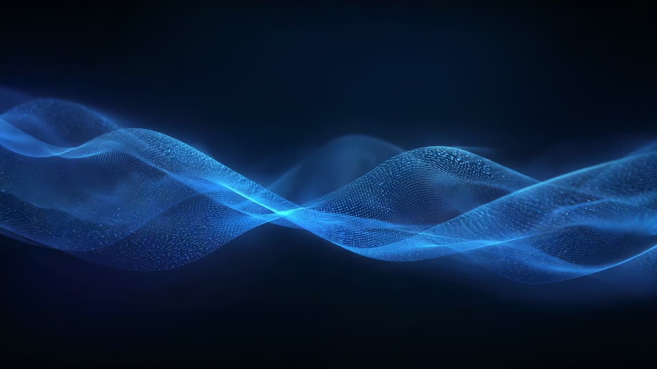Motion starting, pair of blue particle waves undulating across navy gradient, creating interference