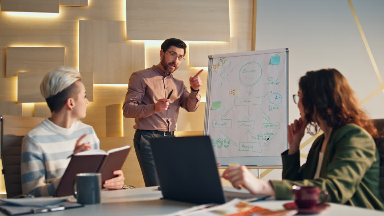Líder de equipo explicando el proyecto a sus compañeros en la sala de juntas. Hombre presentando una startup.
