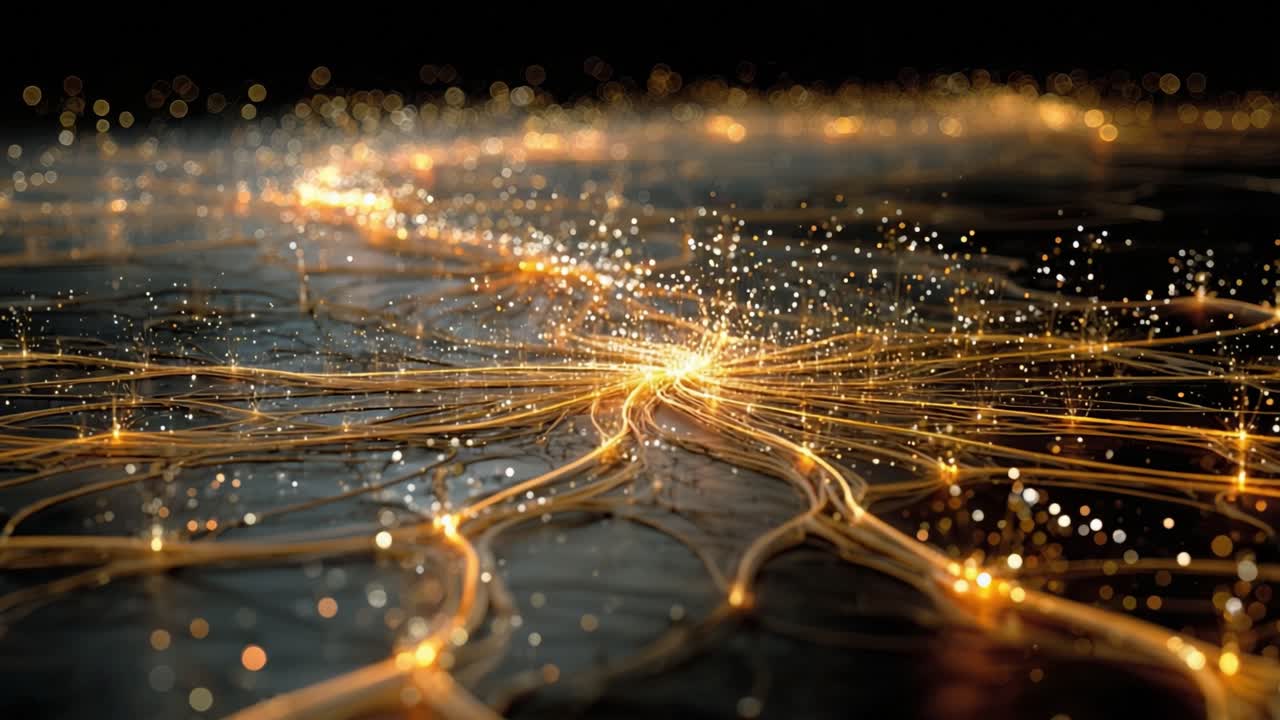 Golden light streams and particles flowing through a complex network on a dark, reflective surface, representing data transfer, neural connections, or advanced technology in a dynamic digital world