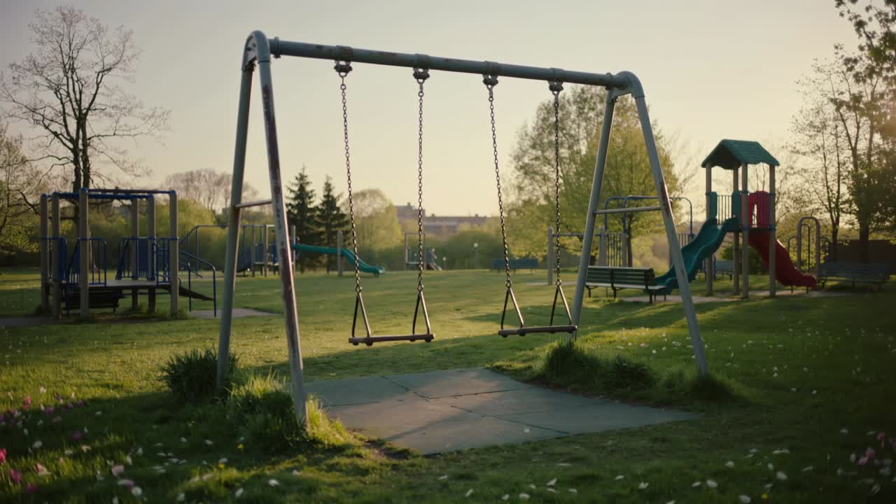 Un'altalena con struttura in metallo oscilla per la brezza sopra una piattaforma di cemento al parco, con una struttura per arrampicata blu.