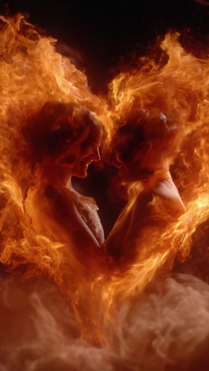 En brændende omfavnelse: To figurer omgivet af flammer indfanger essensen af passion i en kunstnerisk fremvisning af varme og lys