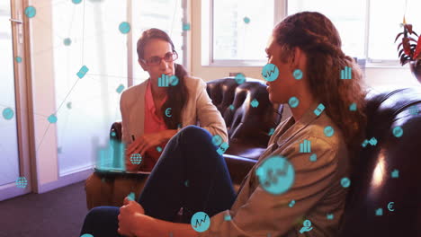 animation of connected icons over diverse female counselor talking with patient