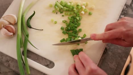 top-down view of woman cutting green onions in slow motion