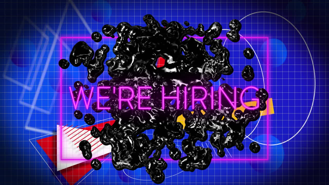 Animation of we are hiring text in rectangle over geometric shapes, abstract pattern in background