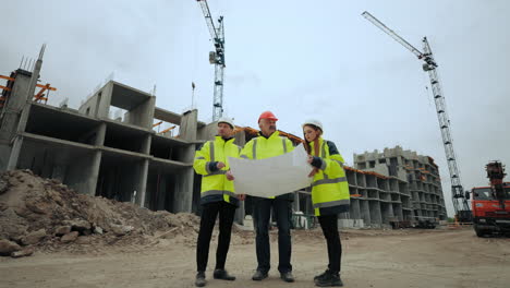 personas en el sitio de construcción supervisión de la construcción por arquitectos masculinos y femeninos ingenieros capataz