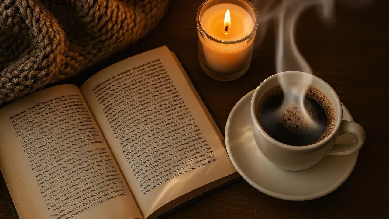 Scena video accogliente con una candela calda, caffè e un libro