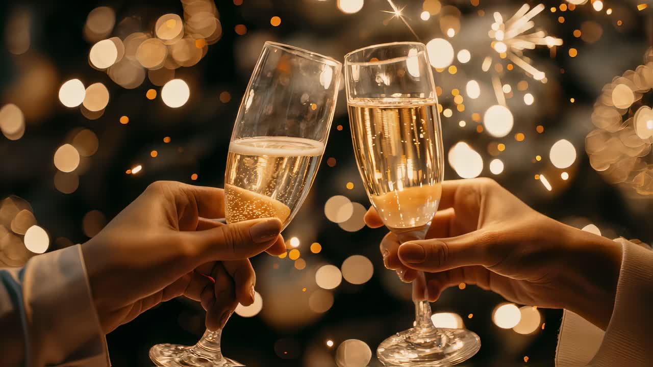 Elegant hands clinking champagne flutes, creating festive moment with golden confetti falling against blurred Christmas lights backdrop, embodying holiday celebration and joy