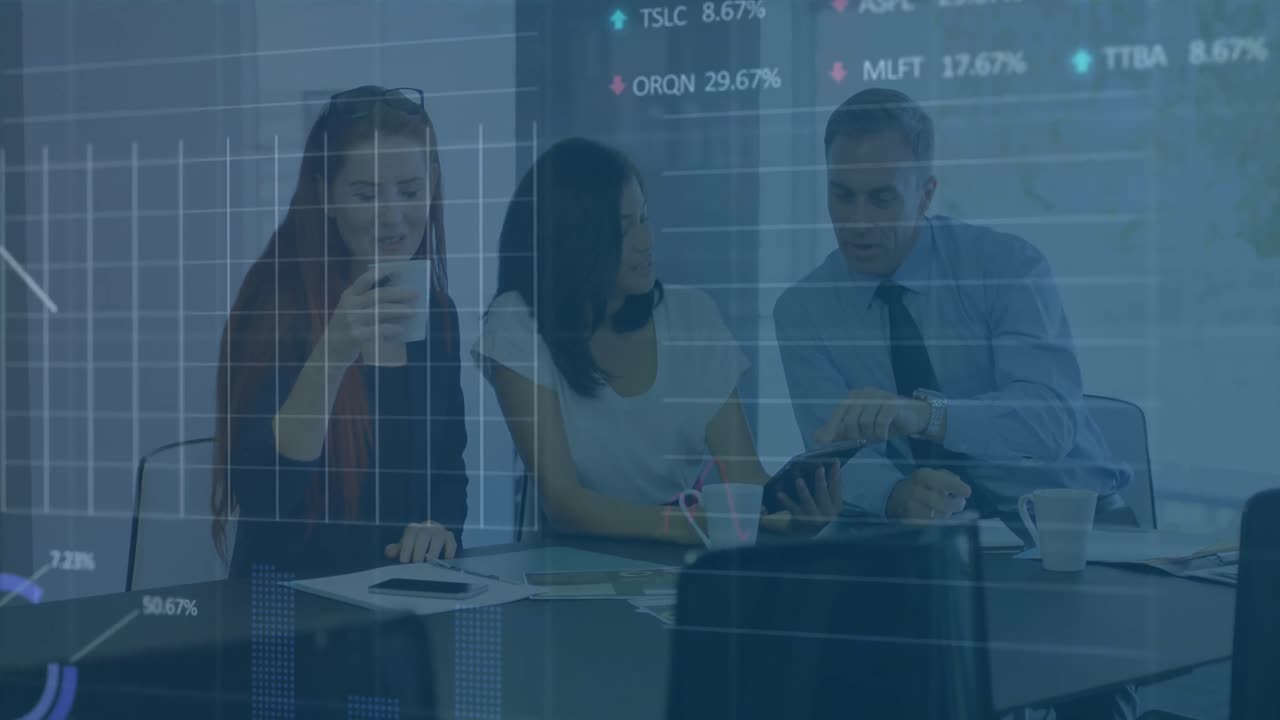 Animation of stock market data processing over diverse colleagues discussing over a tablet at office