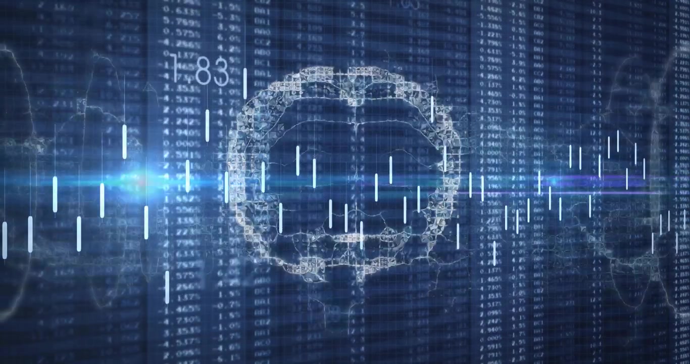 Scrolling data columns driving brain pulsing, candlestick bars rising illustrating neural response