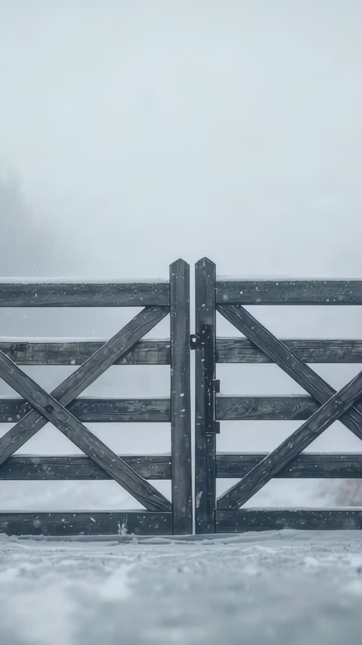 Vertical video: Wooden double gate remaining centered in snow, fog shifting, revealing metal latch