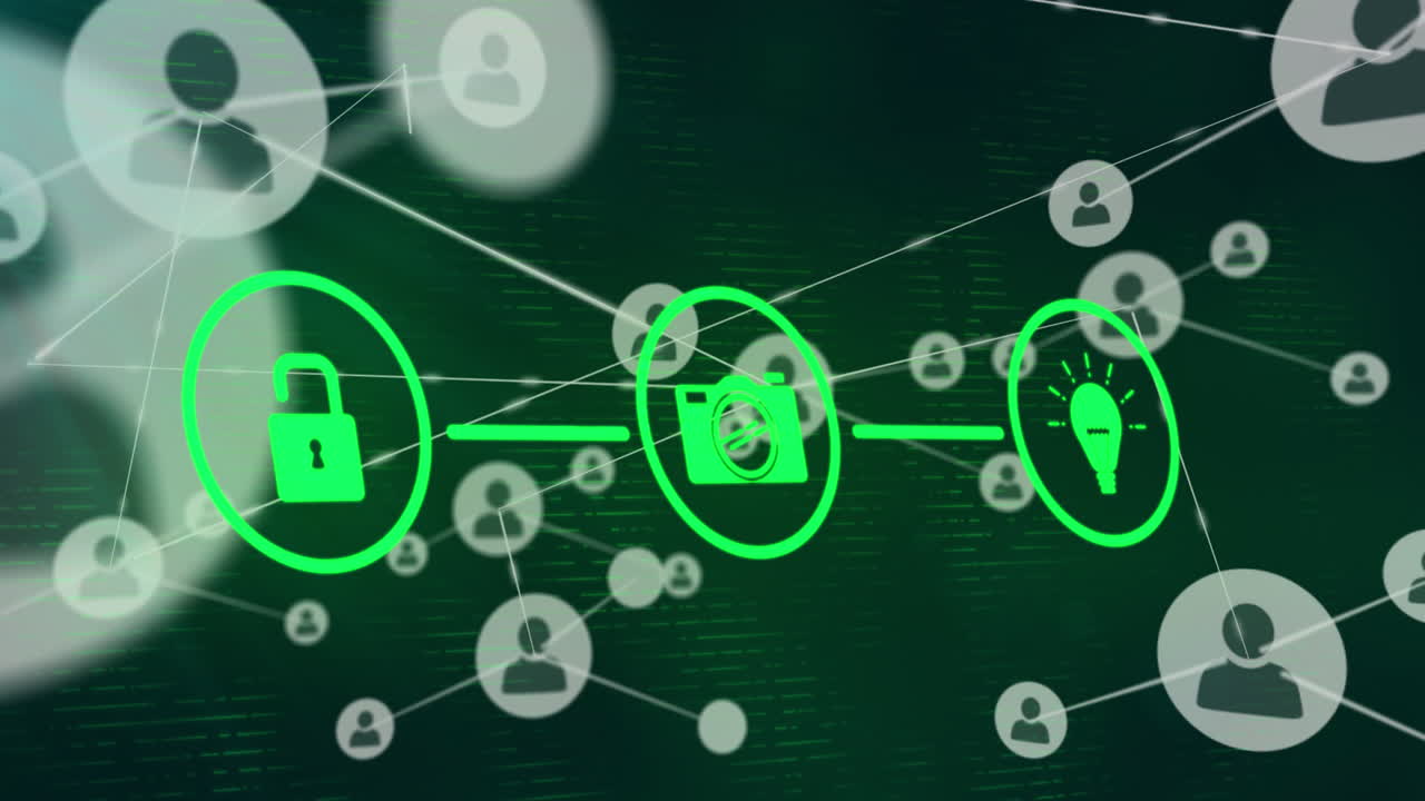 animación de los iconos del candado, la cámara y la bombilla que forman un diagrama de flujo sobre los iconos de perfil conectados