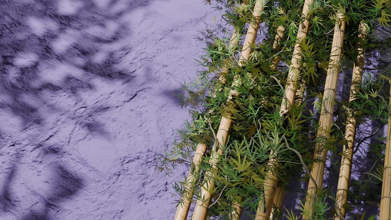 Bamboo stalks with green leaves arranged vertically on purple textured lavender wall with natural shadows. Nature, zen decor and botanical background concept. composition with copy space