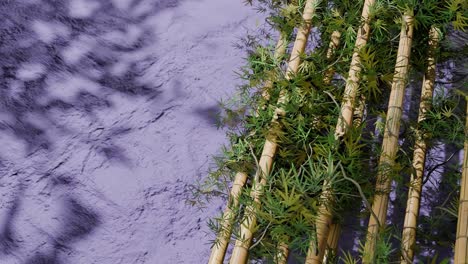 bamboo stalks with green leaves arranged vertically on purple textured lavender wall with natural shadows. nature, zen decor and botanical background concept. composition with copy space