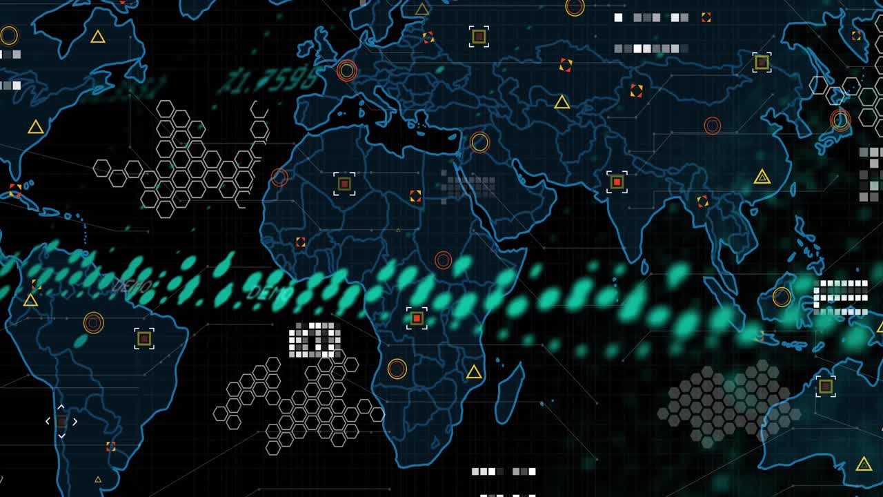 Animation of data processing over world map against black background