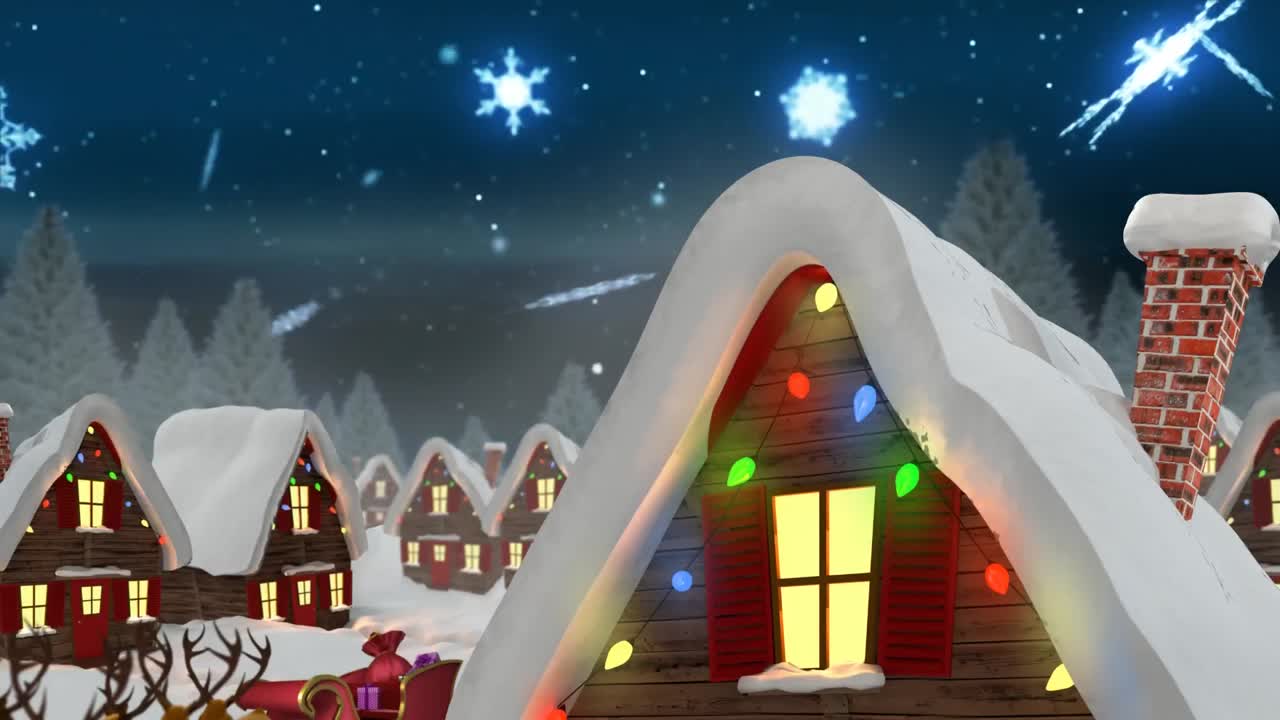 Animazione di paesaggio invernale con case decorate e neve che cade