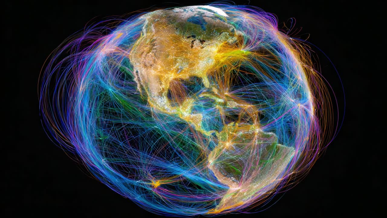 Dynamic Visualization of Global Connectivity: An Artistic Representation of Information Flow Across the Earth, Highlighting the Interconnectedness of Regions and Cultures