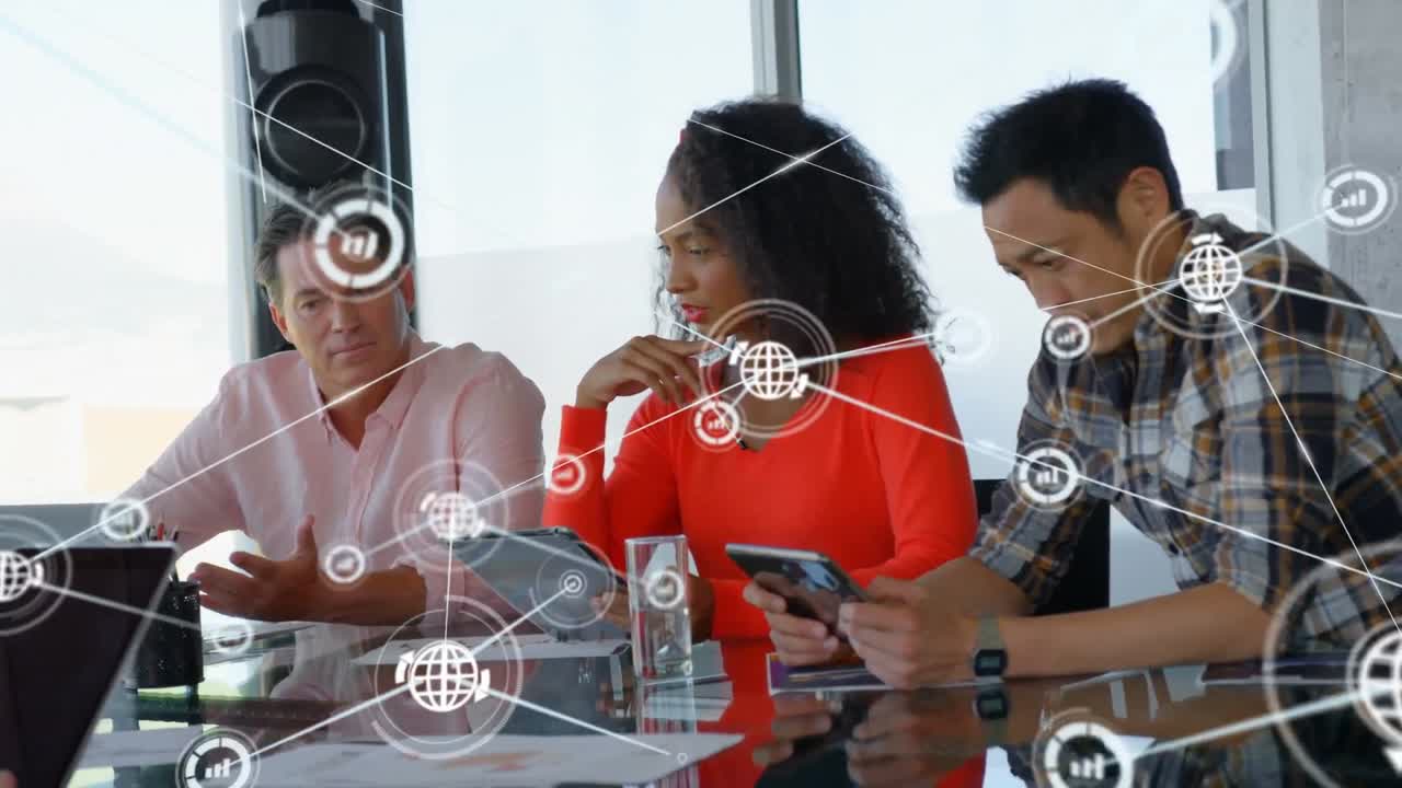 Animation of network of connections with icons over diverse business people using electronic