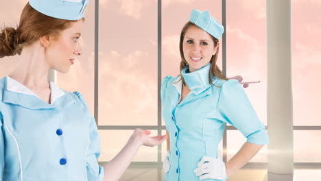 animation of happy caucasian female flight attendants over plane