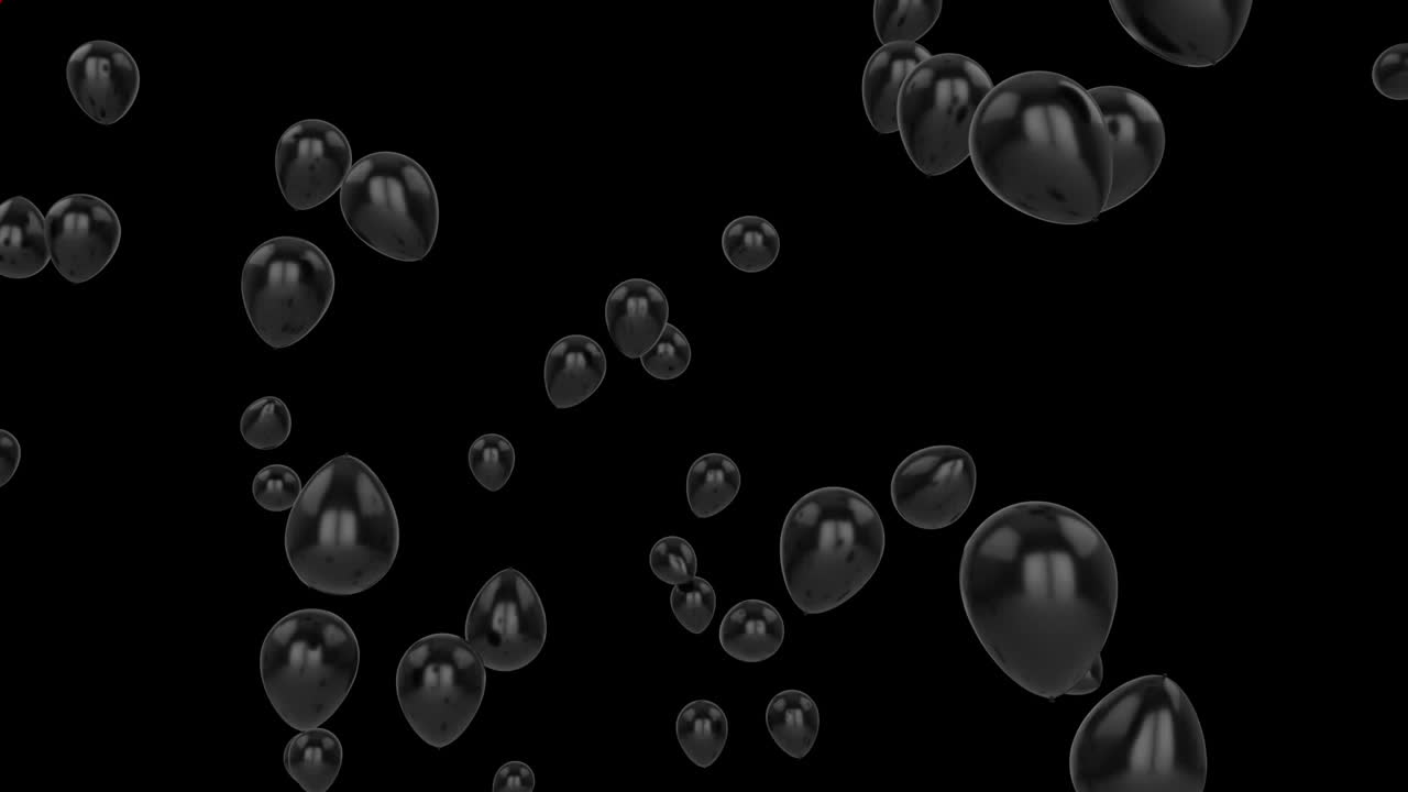 Animiert: fliegende Ballons und kaleidoskopisch bewegende Formen vor schwarzem Hintergrund