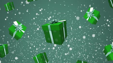 Animación-De-Copos-De-Nieve-Y-Regalos-Cayendo-Sobre-Fondo-Verde